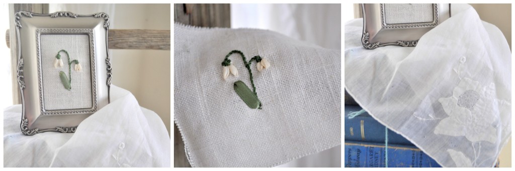 Bonnie's keepsake items: framed snowdrops, hand-embroidered by Amanda, and vintage handkerchief.