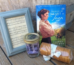 Cassie's Prize Bundle: Framed print of "Before the Throne of God" sheet music, tea, ginger snaps, and a copy of Though My Heart is Torn.